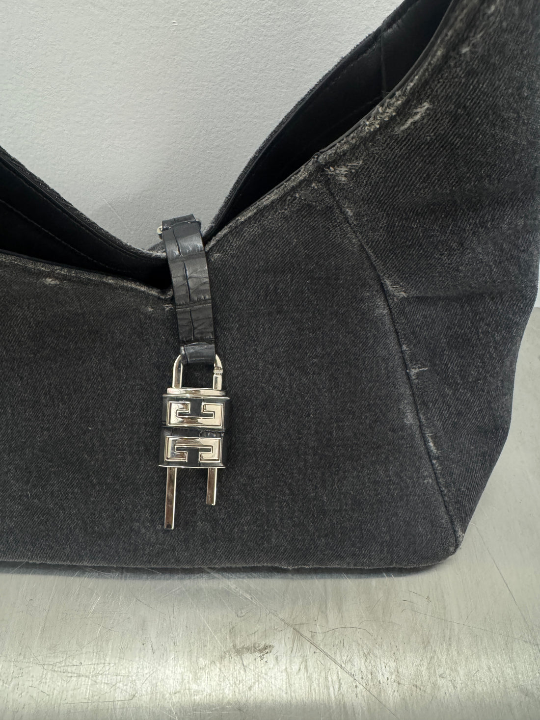 GIVENCHY WASHED DENIM CROCODILE HOBO BAG