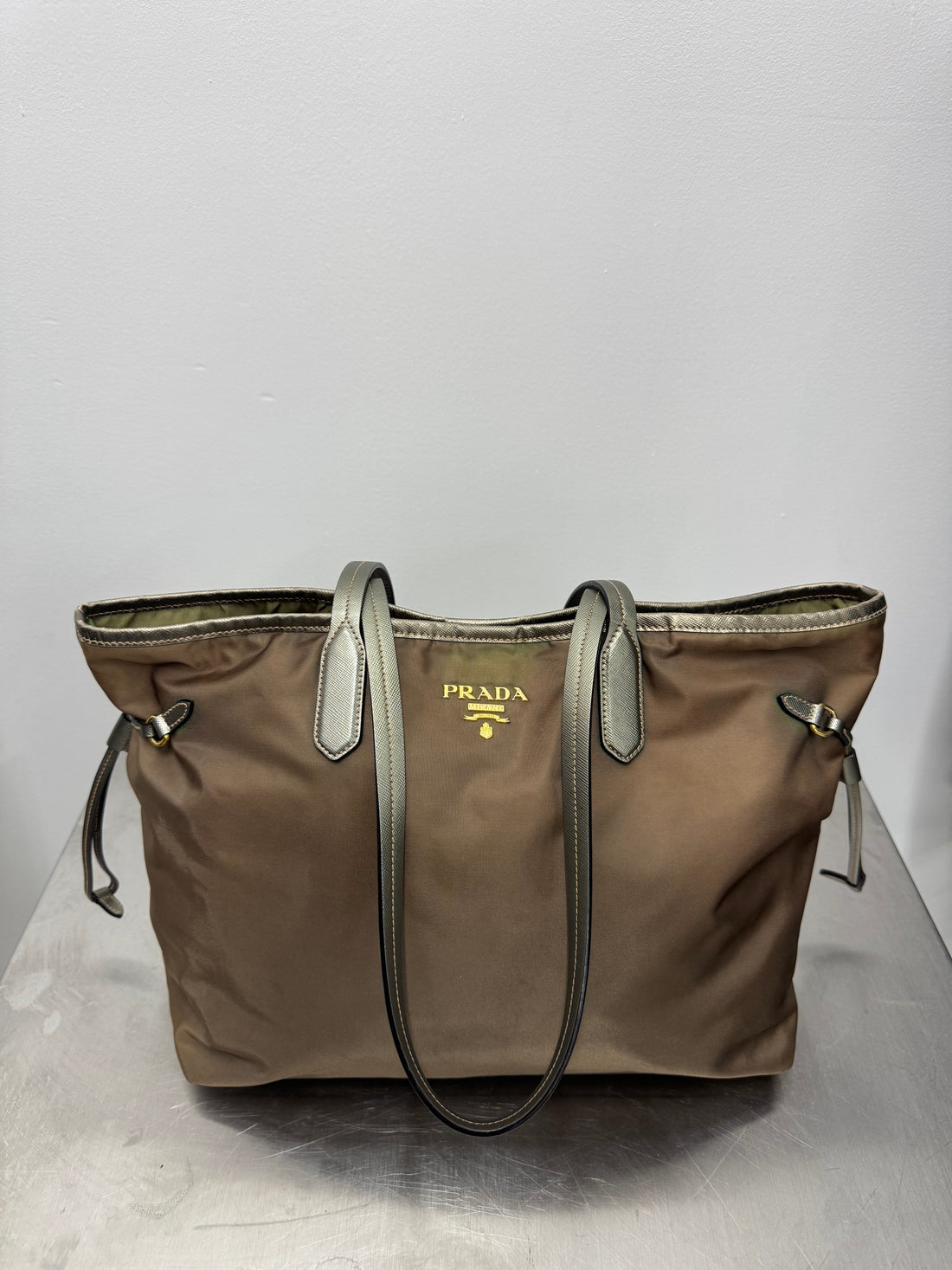 PRADA OLIVE NYLON TOTE BAG